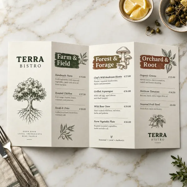Menu pieghevole a tre pieghe (4 ante / 8 facciate) personalizzato per bistrò e ristorante - StampaOnline24