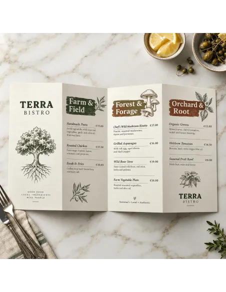 Menu pieghevole a tre pieghe (4 ante / 8 facciate) personalizzato per bistrò e ristorante - StampaOnline24