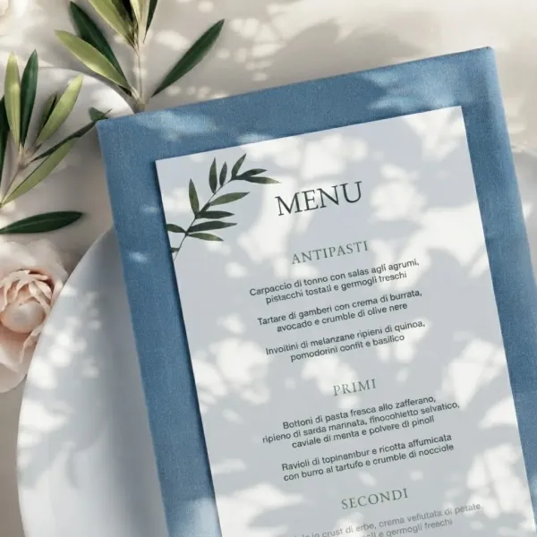 Menu matrimonio personalizzato pagina singola per mise en place eleganti ed eventi - StampaOnline24